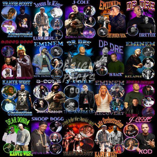 Hip-hop artist collage with Eminem, J-Cole, Snoop Dogg, and more for DTF/DTG designs