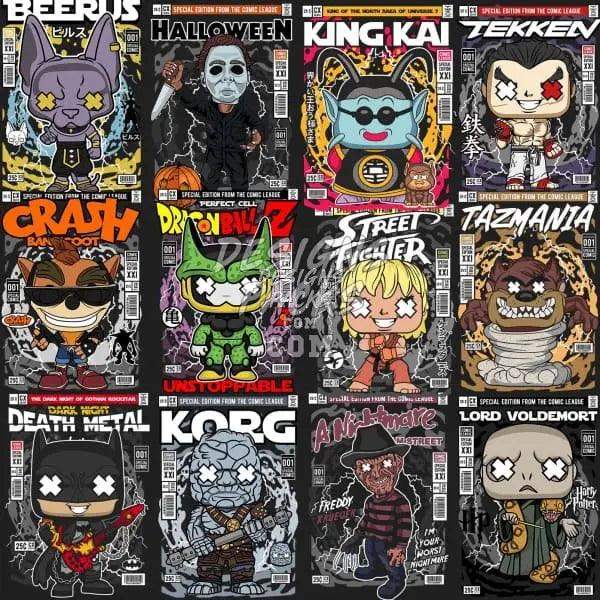 Cartoon comic book covers featuring characters like Batman, Freddy Krueger, and Lord Voldemort in vibrant, stylized designs.
