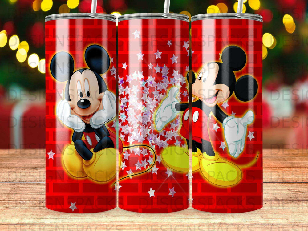 Mickey Mouse design with red plaid and glitter stars on a tumbler.