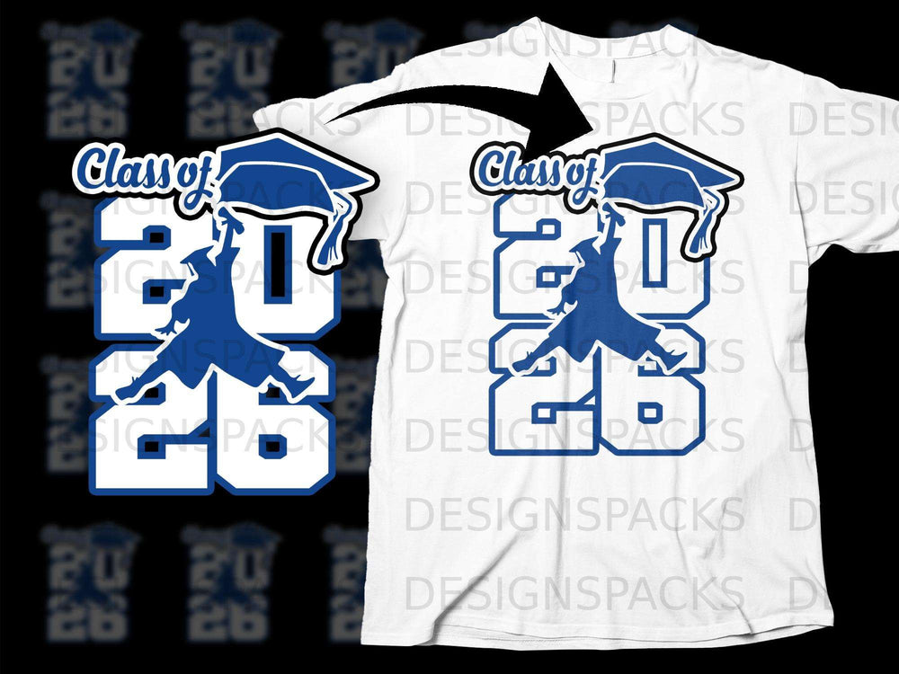 White t-shirt shows "Class of 2026" with graduation cap and silhouette.
