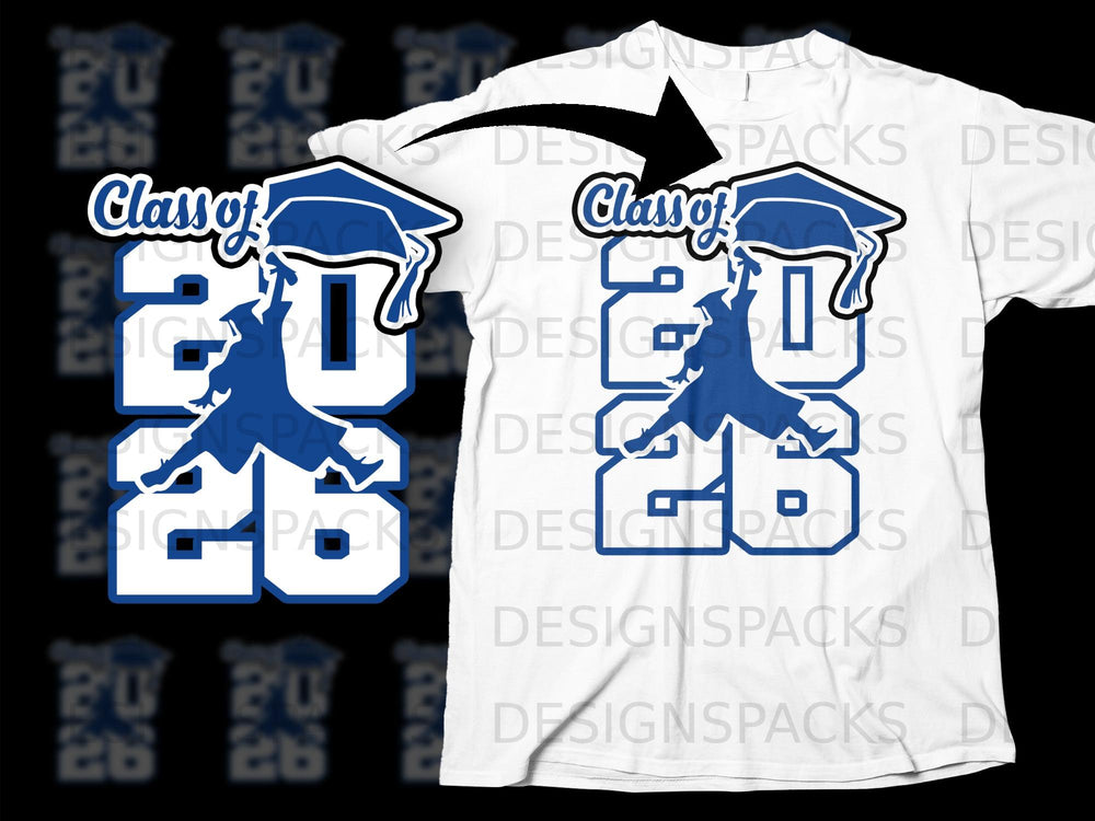 White t-shirt shows "Class of 2026" with graduation cap and silhouette.