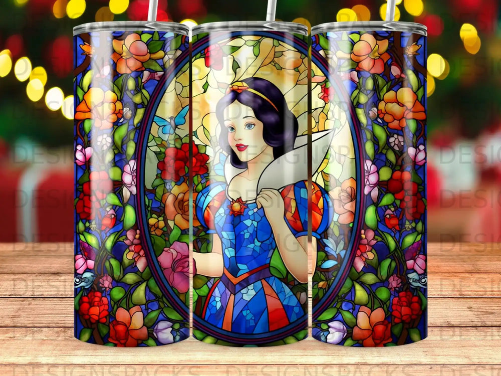 Snow White in stained glass with floral frame, on a tumbler.