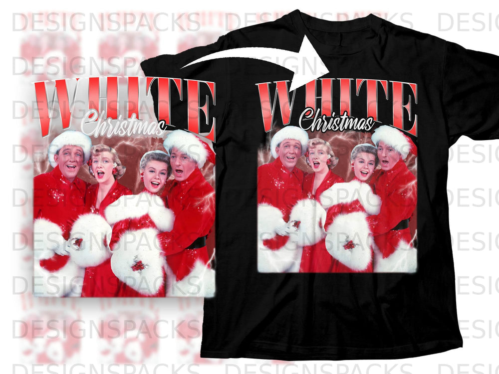 "WHITE Christmas" text over vintage photo of four people in Santa outfits.