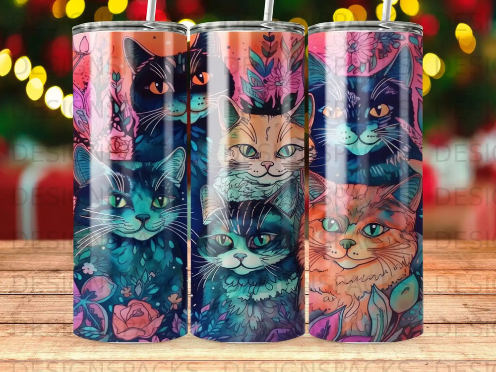 Three vibrant tumblers featuring colorful cat illustrations with floral accents.