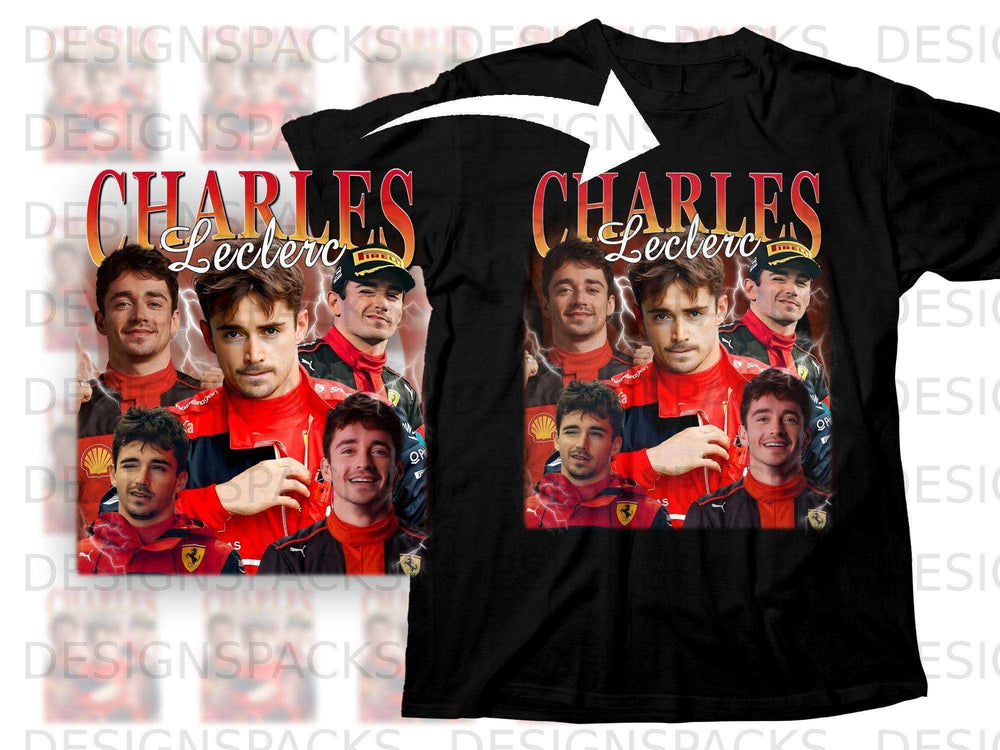 T-shirt with collage of Charles Leclerc photos and Ferrari branding.
