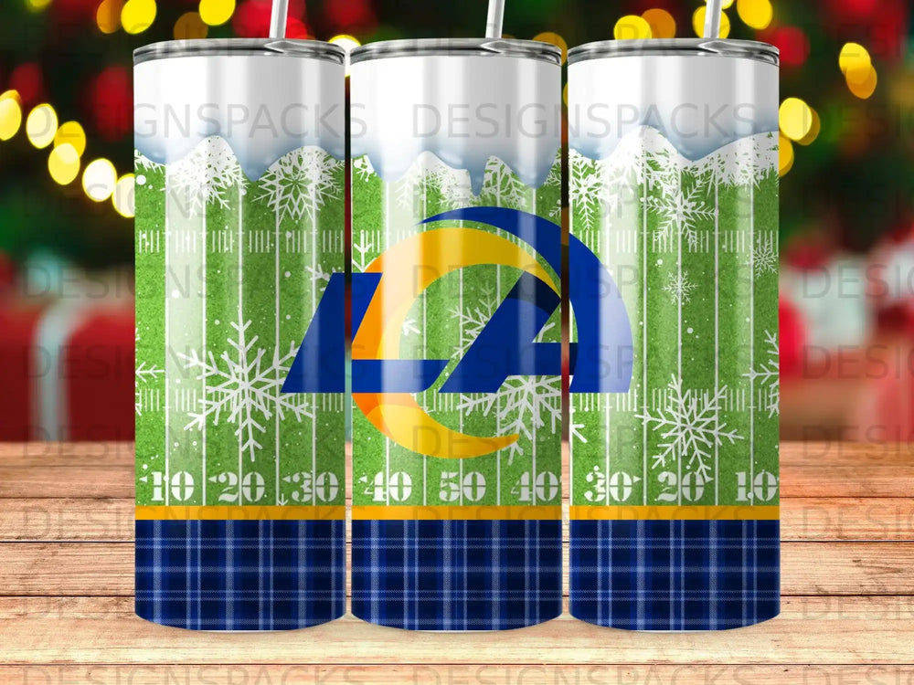 Los Angeles Rams logo on a tumbler with a snowflake and plaid background.