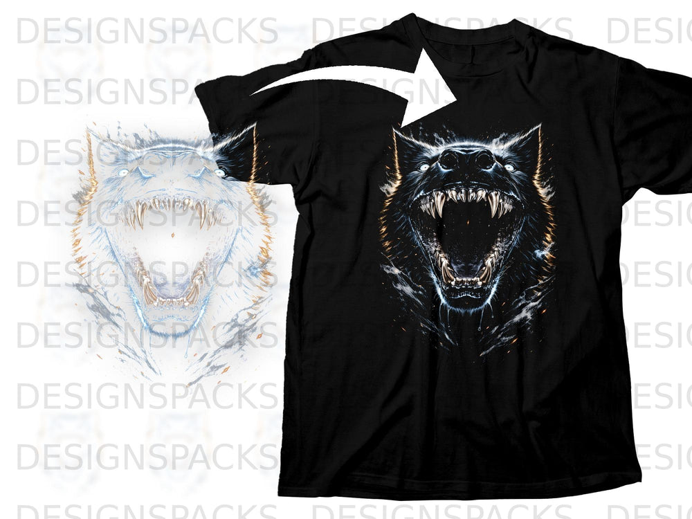 Black t-shirt with a snarling wolf graphic.