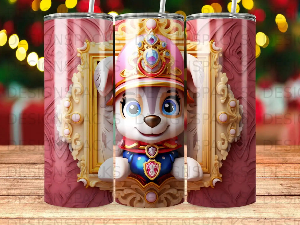 Paw Patrol Skye wearing a crown and cape, peeking from a framed portrait.