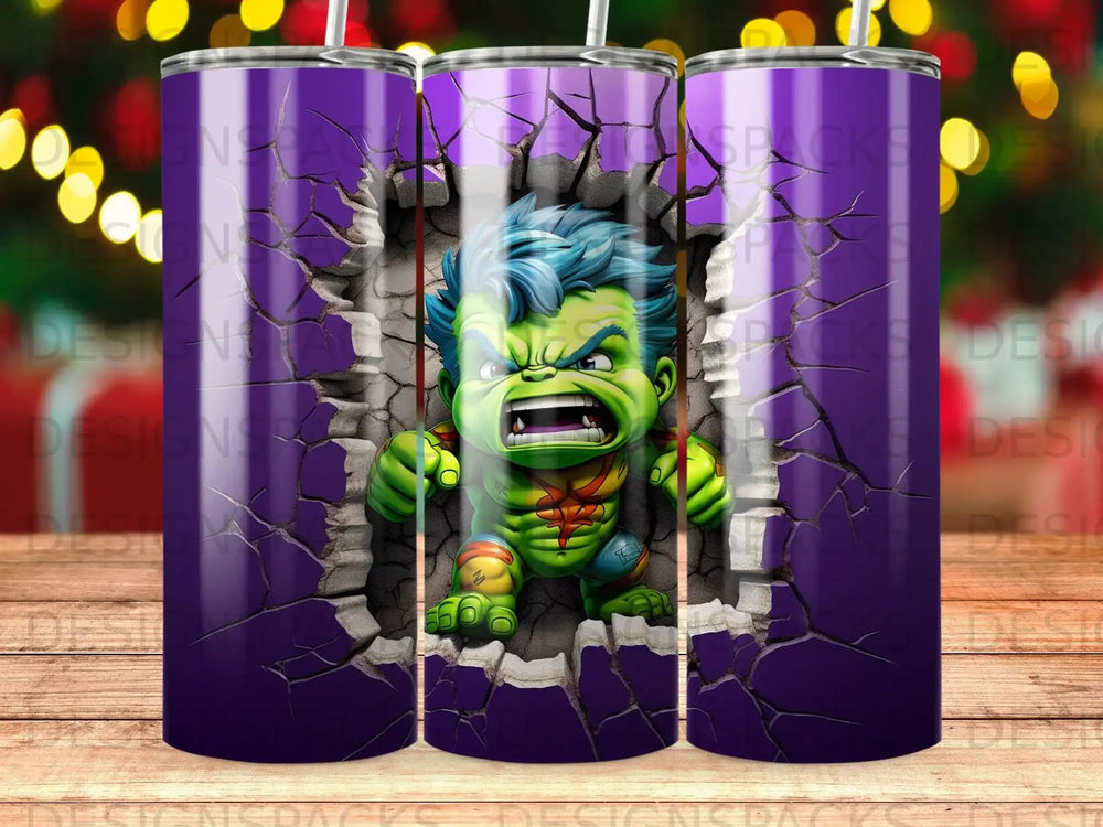 Hulk smashing through a cracked purple surface, on a tumbler wrap.