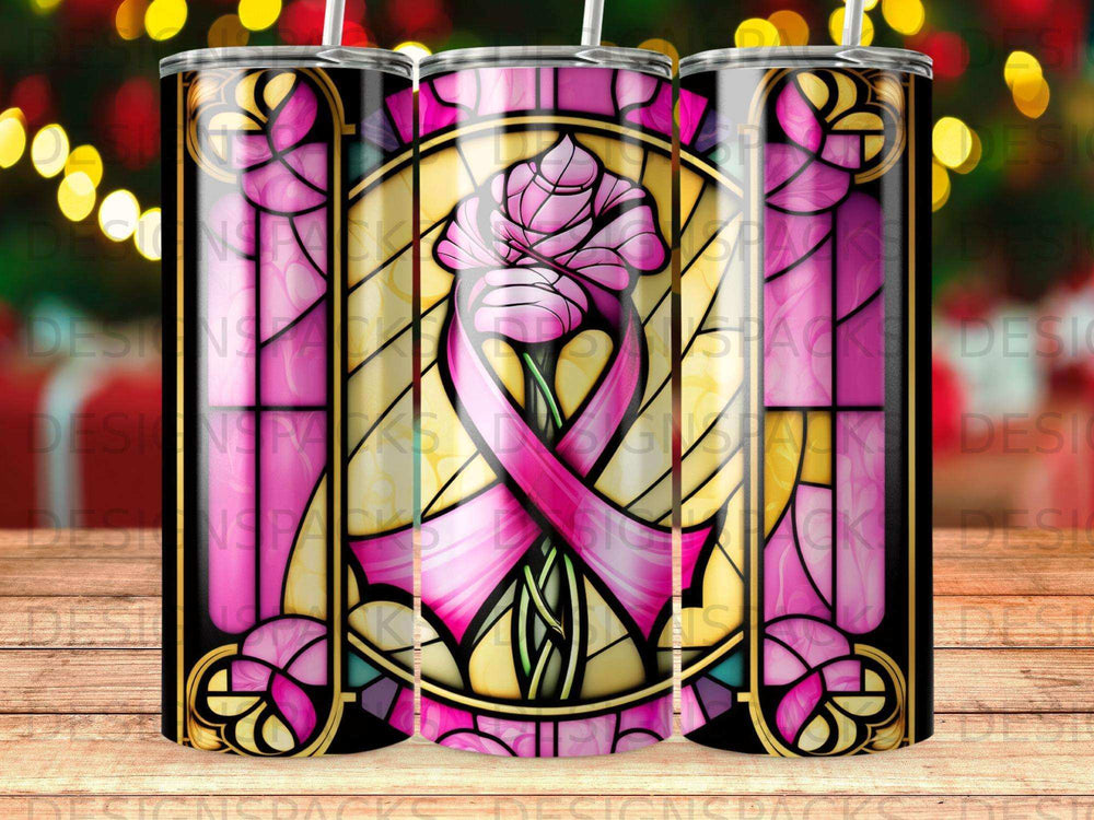 Stained glass tumbler with pink ribbon and floral design.