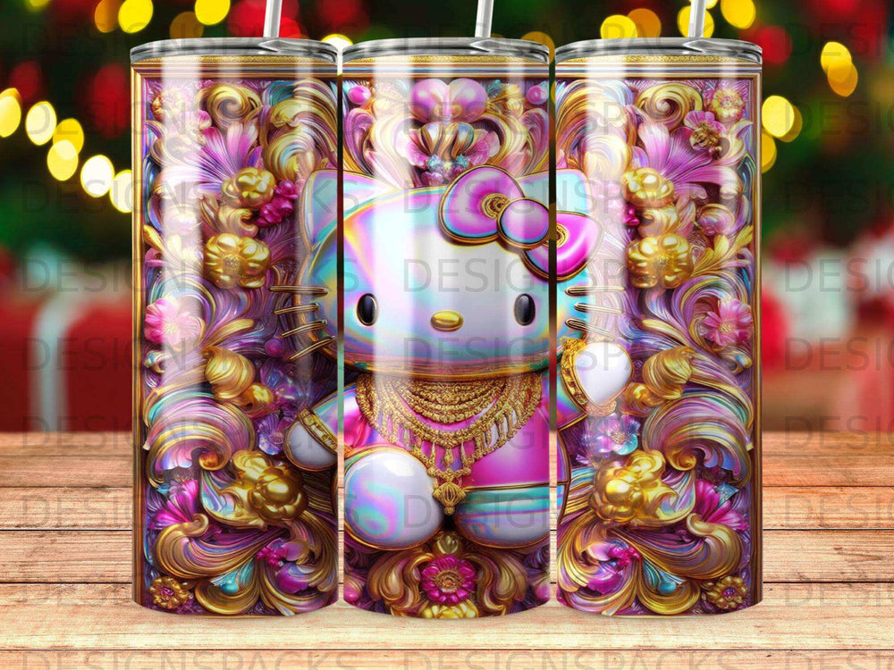 Hello Kitty tumbler with ornate gold and pink floral design.
