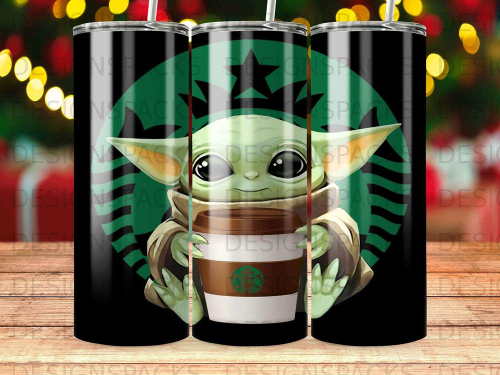 Grogu holding a Starbucks coffee cup with a green logo.