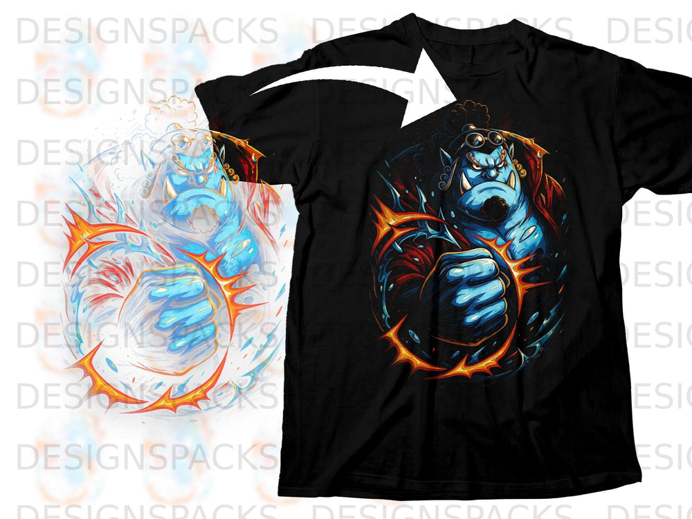 Black t-shirt with anime character Jinbe in dynamic pose with fiery aura.