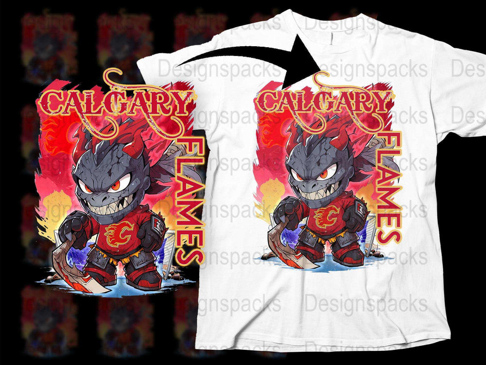 Calgary Flames Hockey Mascot T-Shirt, Men's Graphic Tee, Unique Sports Fan Apparel, Bold Flame Design