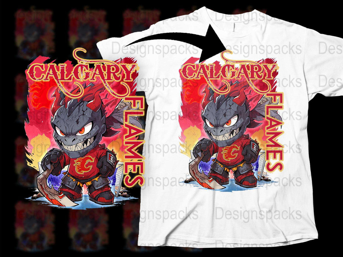 Calgary Flames Hockey Mascot T-Shirt, Men's Graphic Tee, Unique Sports Fan Apparel, Bold Flame Design