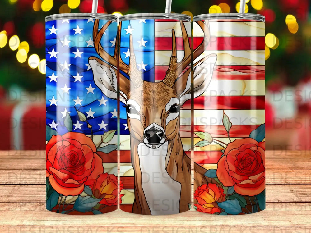 Deer with American flag and roses pattern on a tumbler.