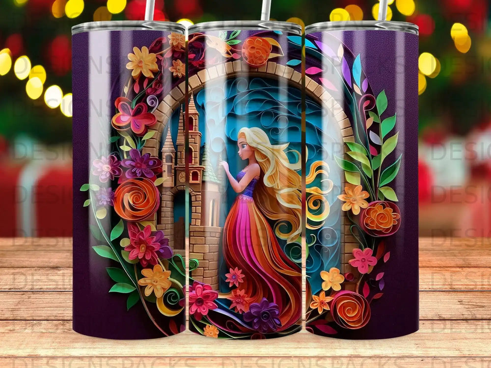 Tangled's Rapunzel stands in a floral archway, looking towards a castle.