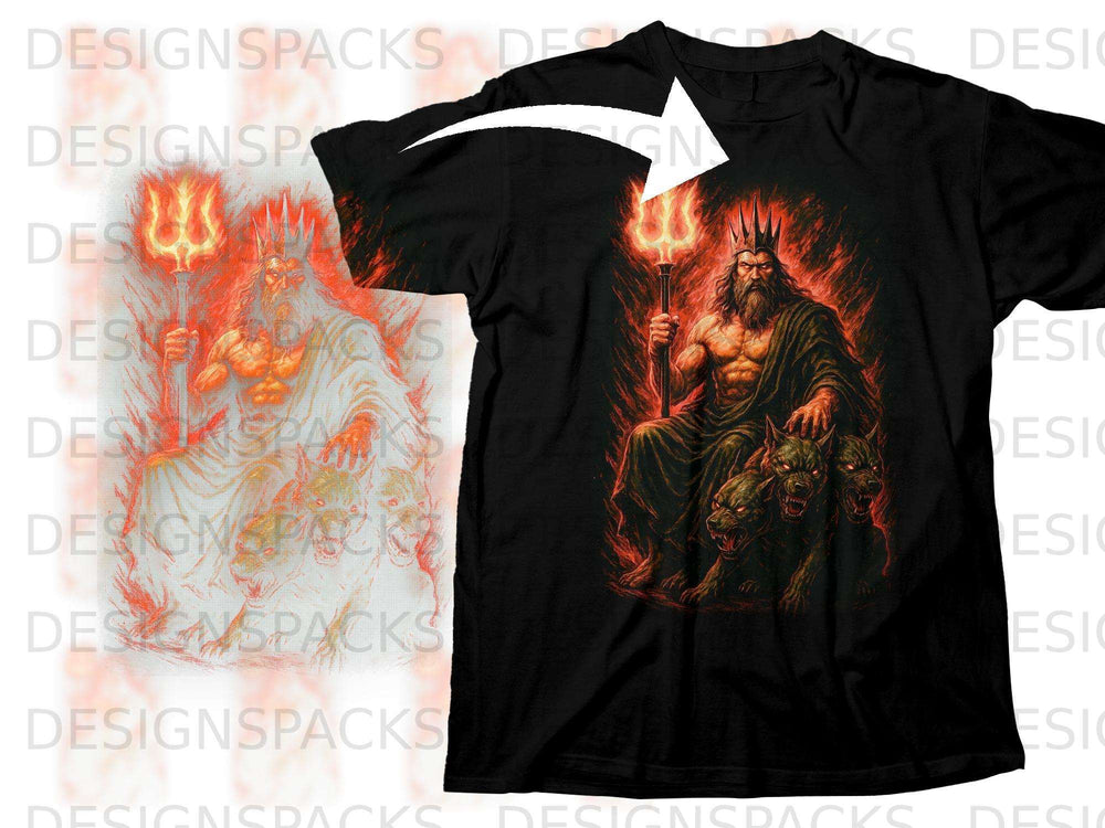 Black t-shirt featuring a seated Hades holding a trident with Cerberus.