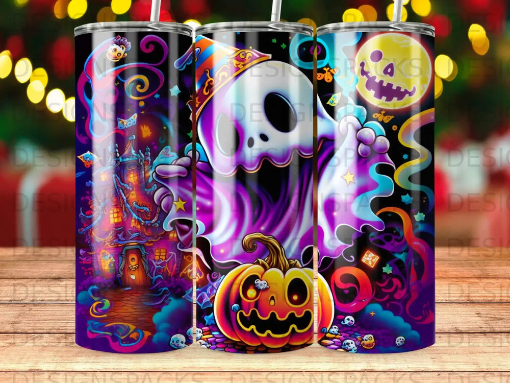 Ghost with pumpkin and haunted house on a Halloween tumbler.