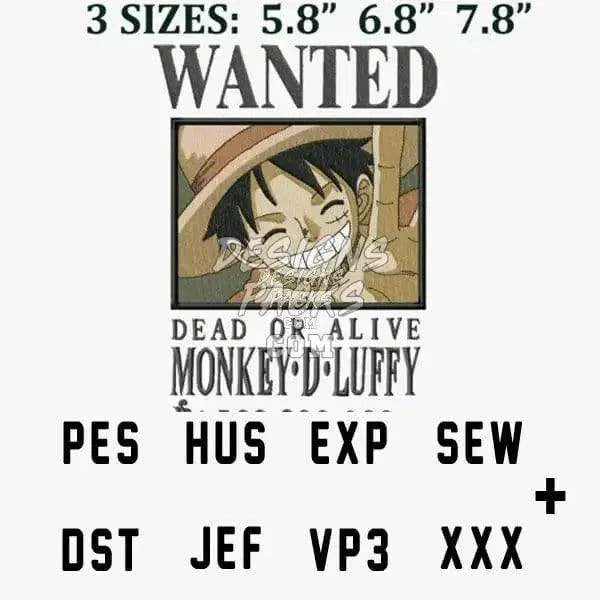Wanted One Piece Luffy Anime Embroidery Design