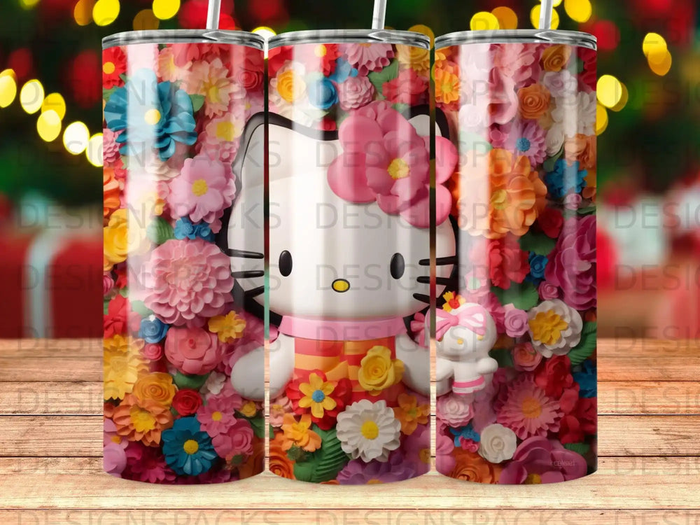 Hello Kitty surrounded by vibrant, colorful flowers on a tumbler.
