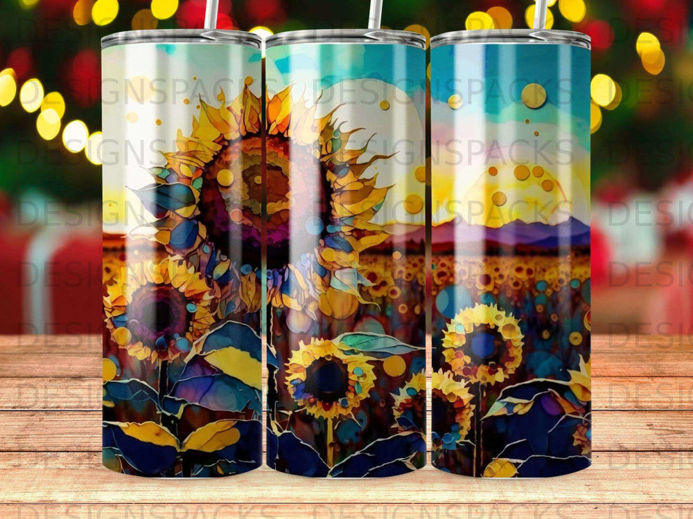 Three tumblers with a vibrant sunflower field sunset design.