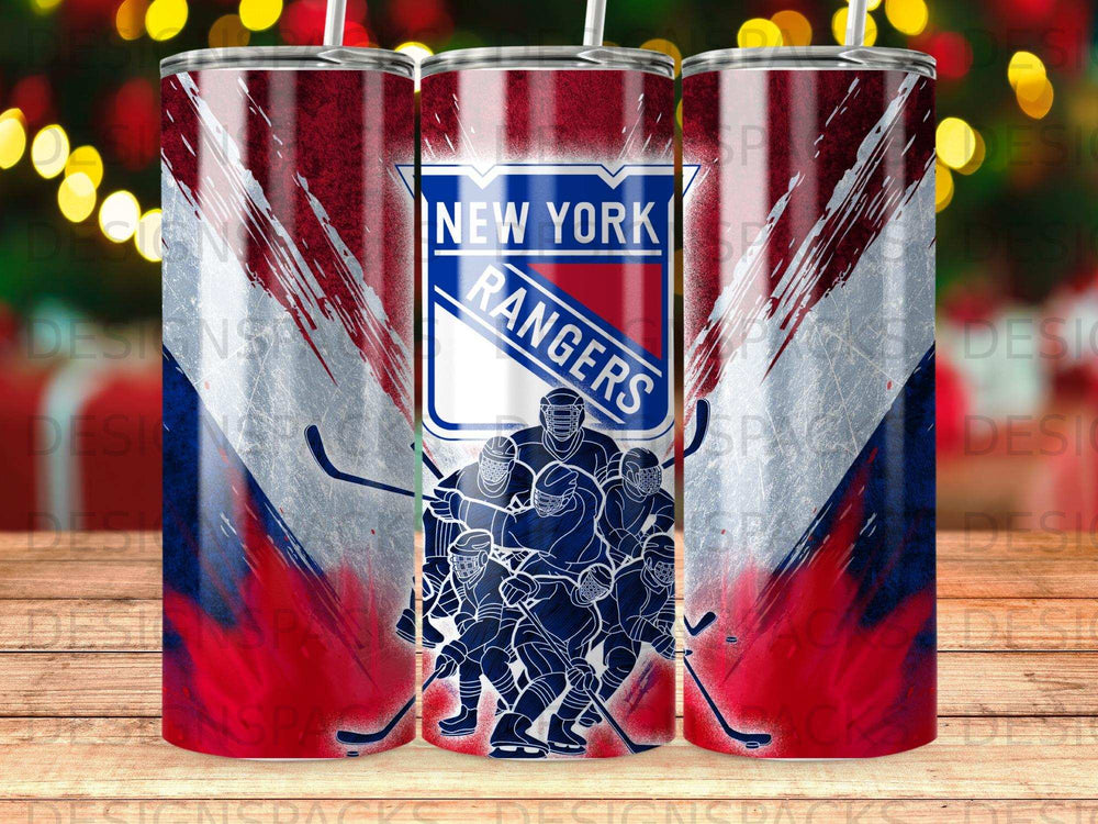 New York Rangers hockey team logo and players on a red, white, and blue striped tumbler.