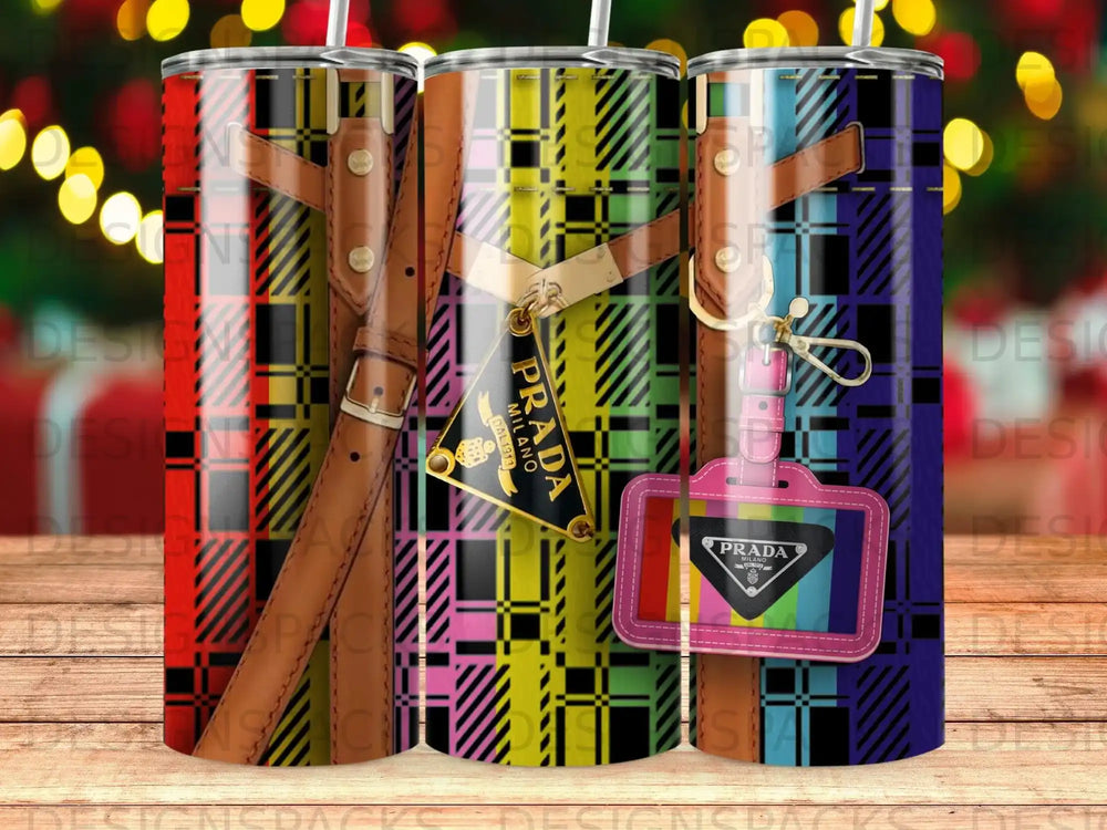 Three plaid tumblers with Prada logos and leather straps.