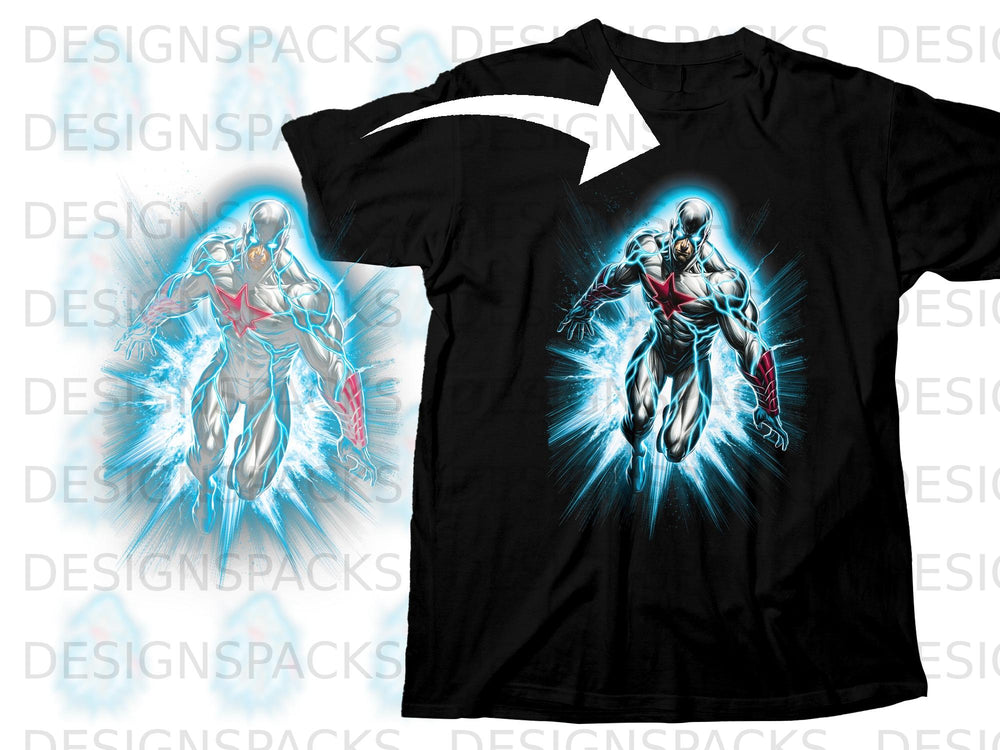 Black t-shirt featuring a comic-style superhero with glowing blue energy.