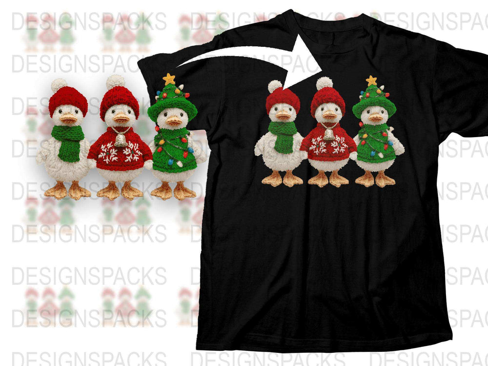 Cute Duck Christmas T-Shirt, Festive Holiday Apparel, Winter Ducks in Knitted Hats, Unisex Clothing Gift