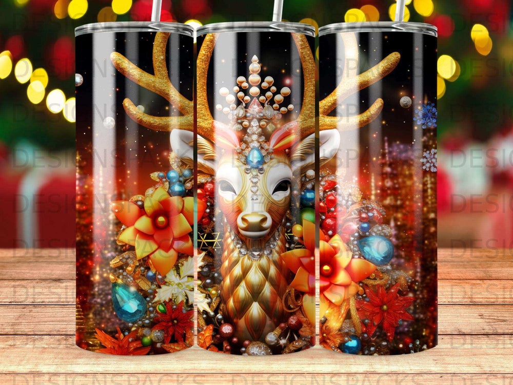 Golden reindeer adorned with jewels and festive decorations on a tumbler.