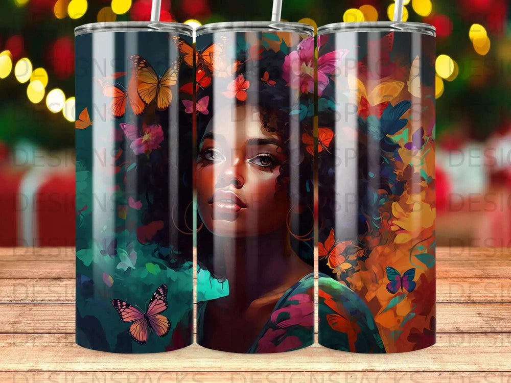 Woman with curly hair and butterflies, surrounded by flowers and abstract colors.