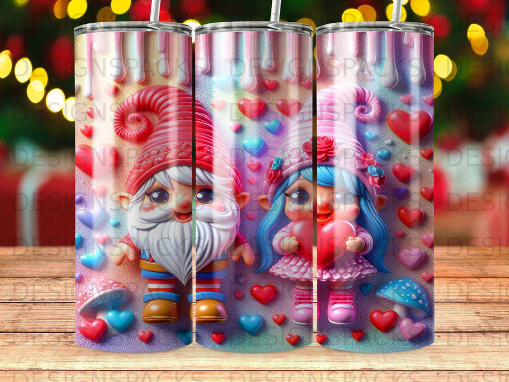 Gnomes with hearts and mushrooms on a pink and blue background.
