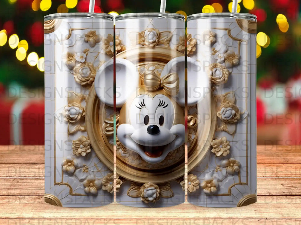 Minnie Mouse tumbler with gold floral accents and white embossed background.
