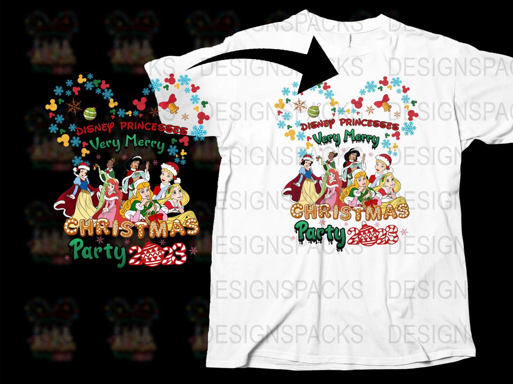 Disney Princess Christmas Party T-Shirt, Kids Holiday Graphic Tee, Family Festive Apparel
