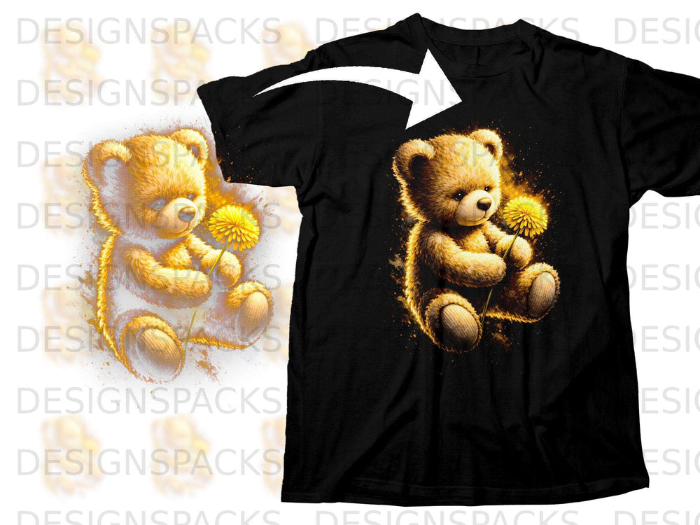Black t-shirt with a teddy bear holding a dandelion graphic.