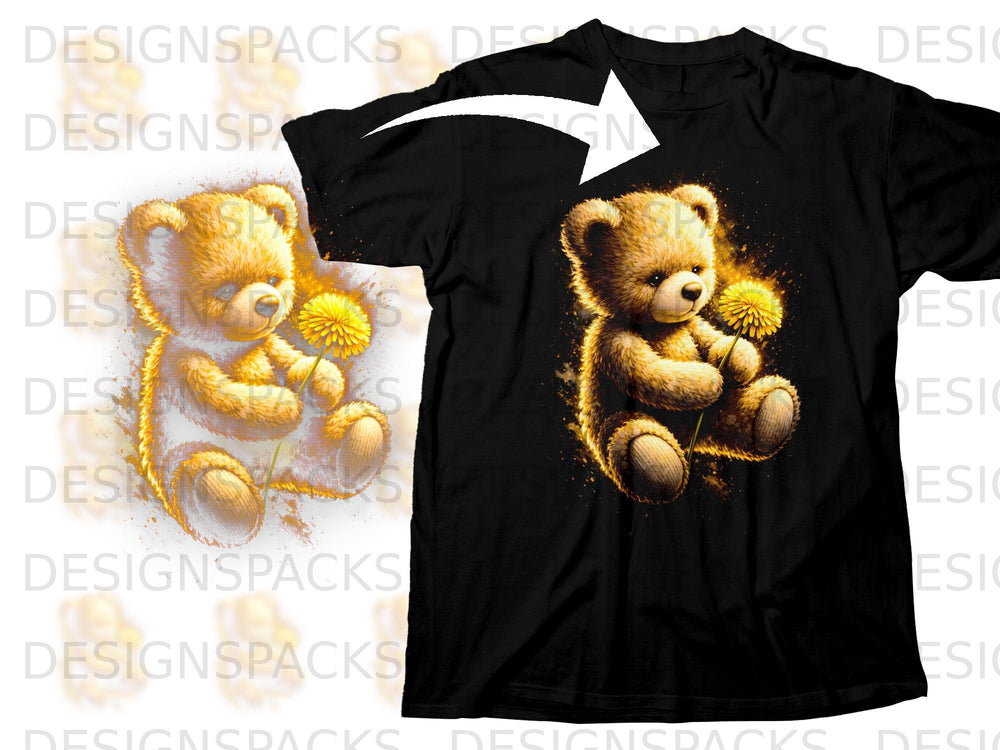 Black t-shirt with a teddy bear holding a dandelion graphic.