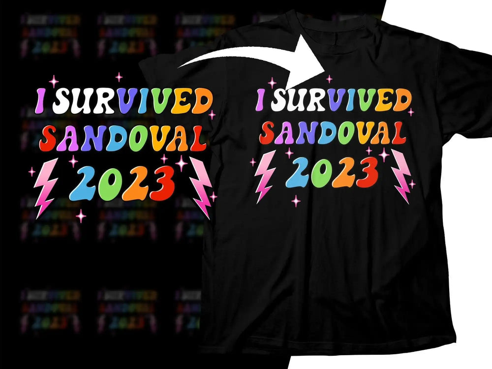 I Survived Sandoval 2023 rainbow text t-shirt design with lightning bolts, print-ready for DTG/DTF