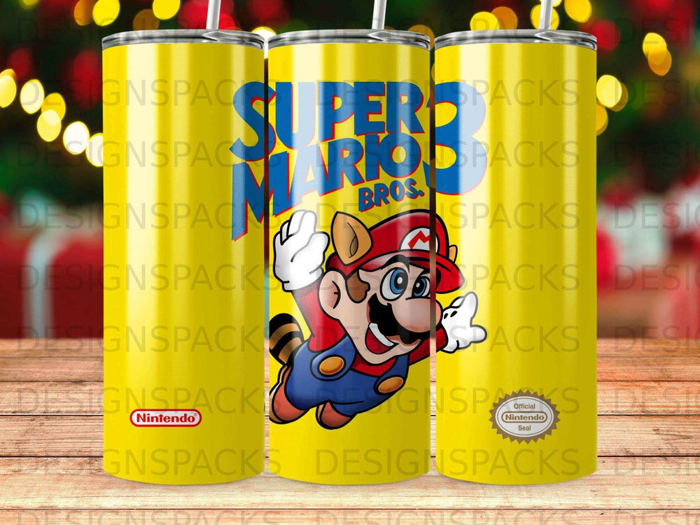 Super Mario Bros. tumbler with Mario character and Nintendo logo.