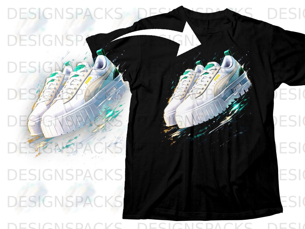 Black t-shirt with white Puma sneakers featuring green accents and abstract paint splatters.