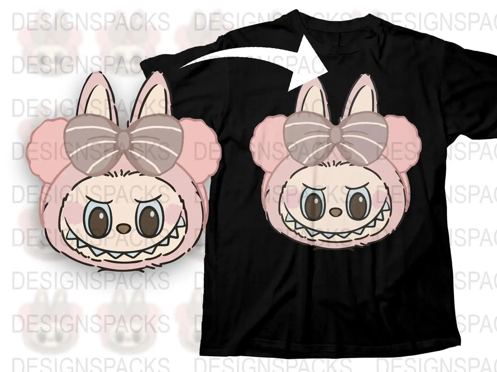 Cute Pink Bow Anime Character T-Shirt, Kawaii Cartoon Face Graphic Tee, Soft Cotton Casual Shirt for All Ages