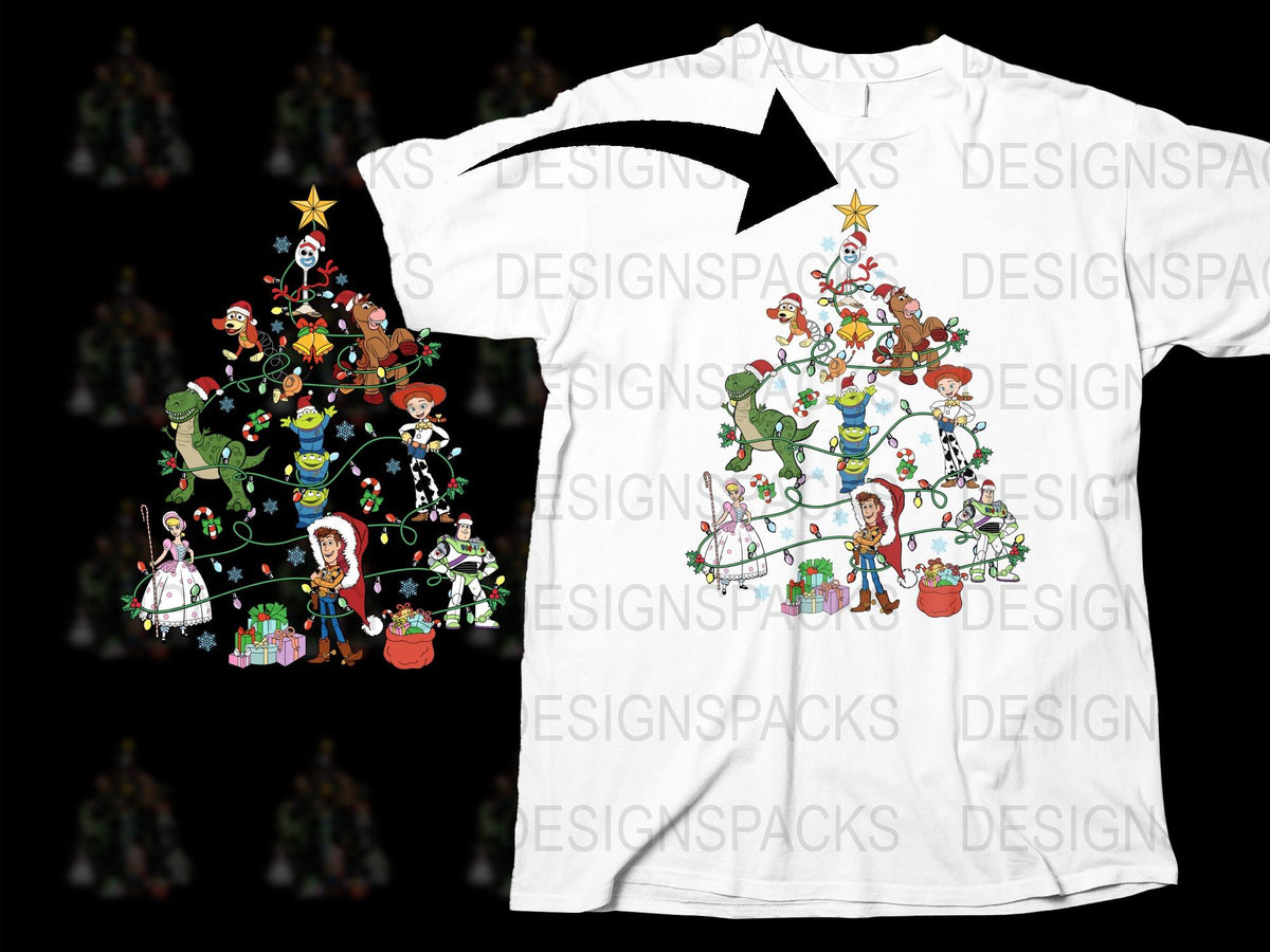 Festive Christmas Tree T-Shirt, Holiday Graphic Tee, Cartoon Characters, Family Holiday Apparel, Unique Xmas Gift Idea