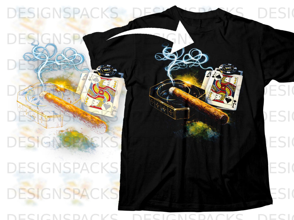 Black t-shirt with a graphic of a cigar, ashtray, playing cards, and poker chips.