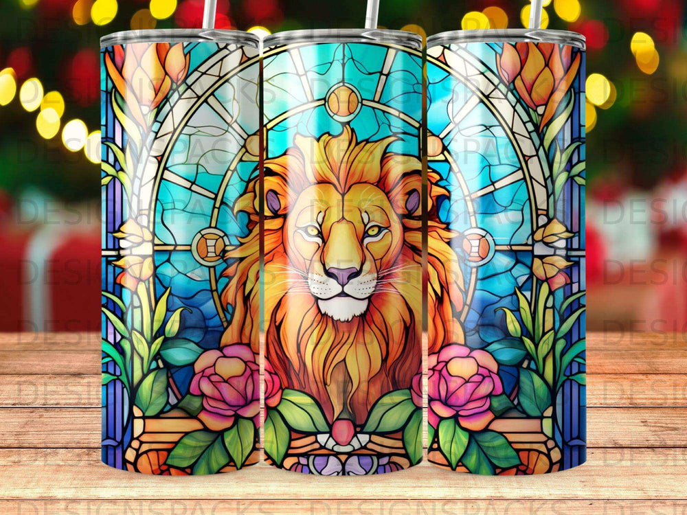 Lion's head depicted in stained glass style with floral accents.