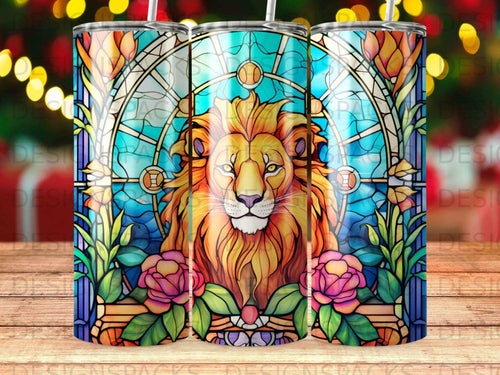 Lion's head depicted in stained glass style with floral accents.
