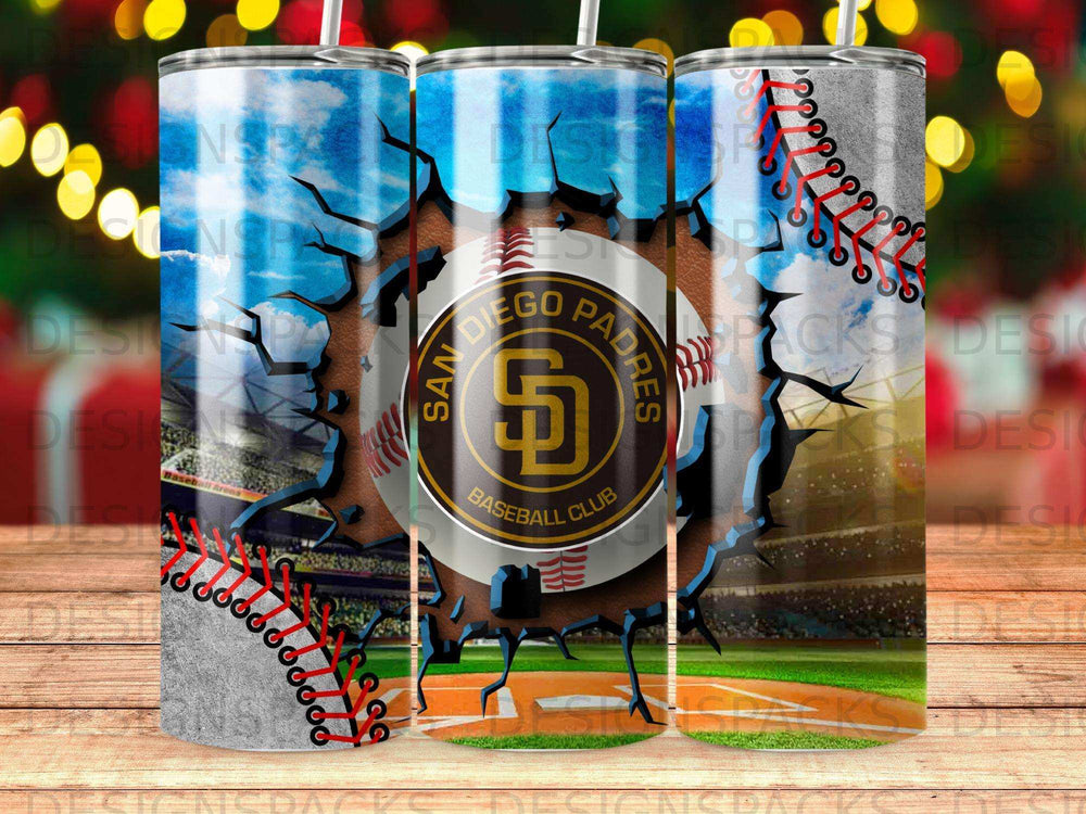 San Diego Padres baseball club logo on cracked stadium background with baseball elements.