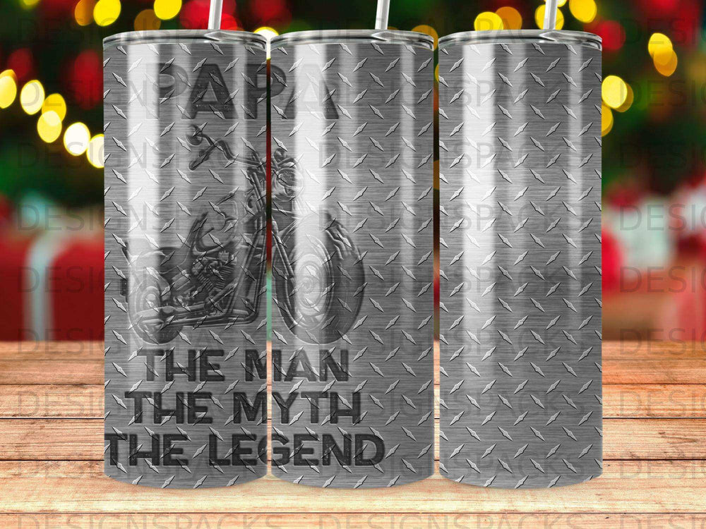 Motorcycle and "The Man The Myth The Legend" text on metallic background tumbler.