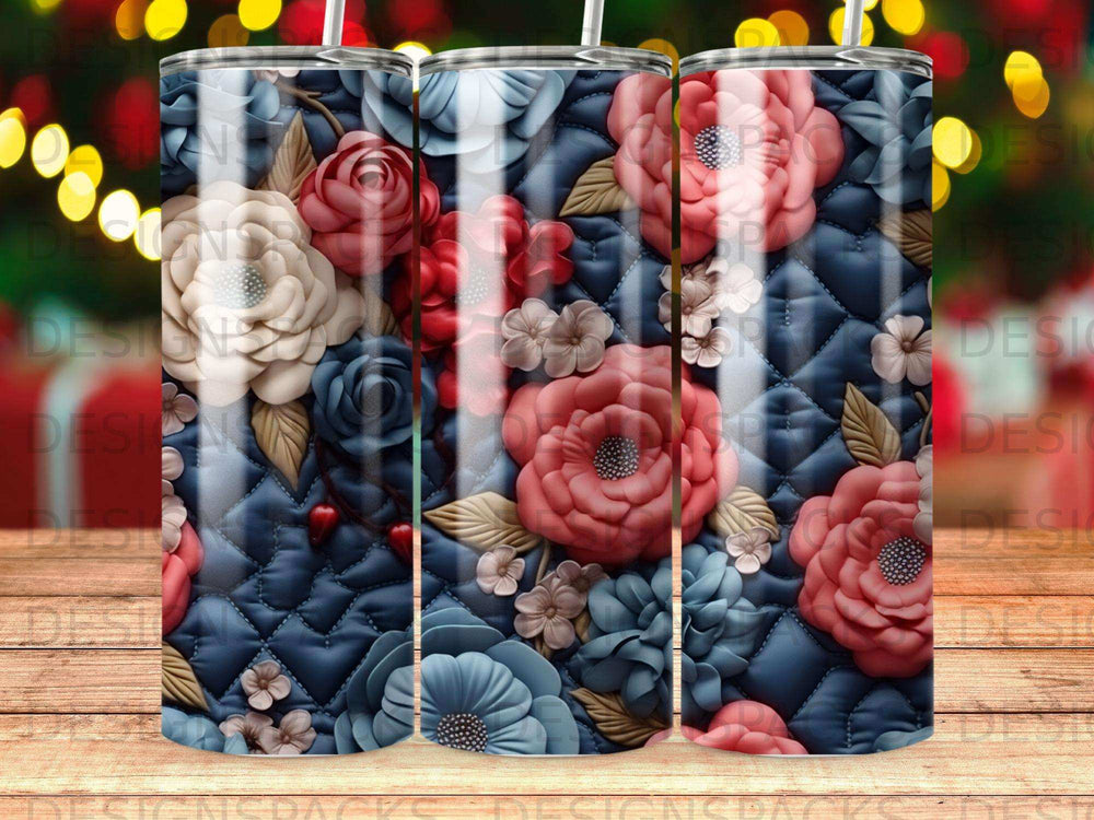 Quilted tumbler wrap with large red, pink, and blue fabric flowers.