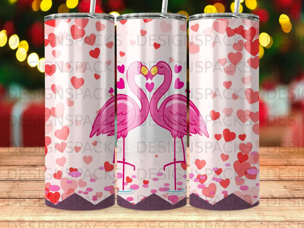 Pink flamingos in heart pattern with Valentine's Day theme.