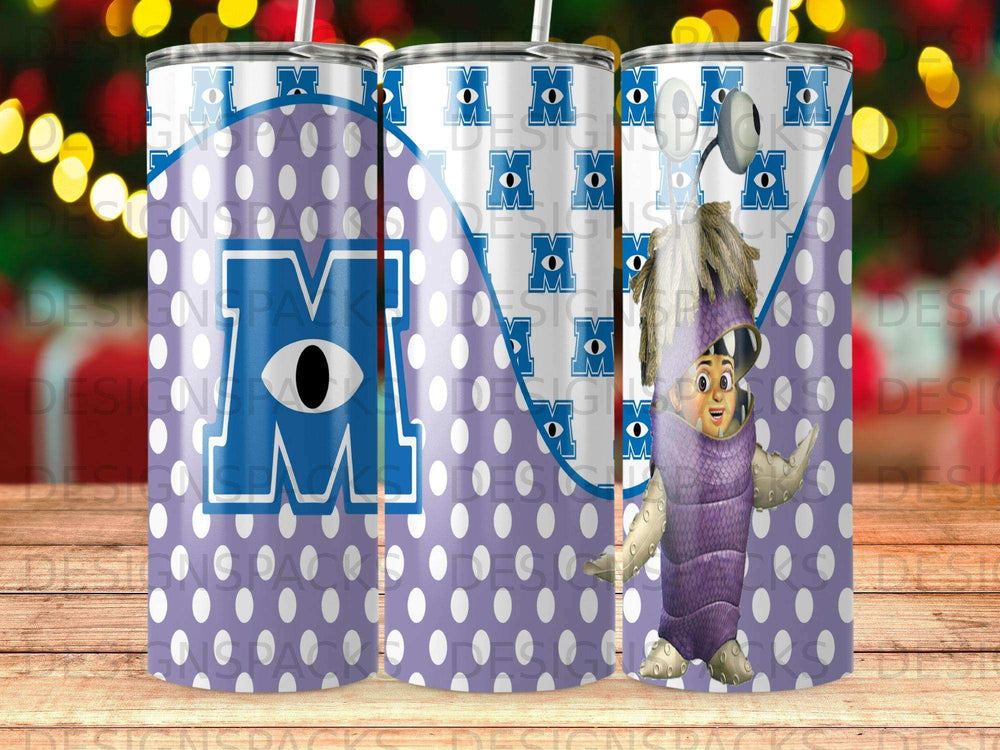Sulley from Monsters, Inc. character on a purple polka dot tumbler.